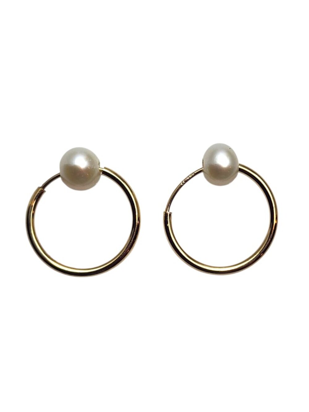 14K Yellow Gold Pearl Hoop Earrings #25855